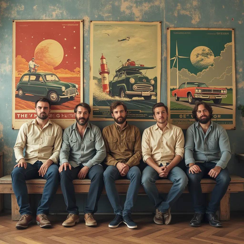 Equipa em brainstorming com posters vintage